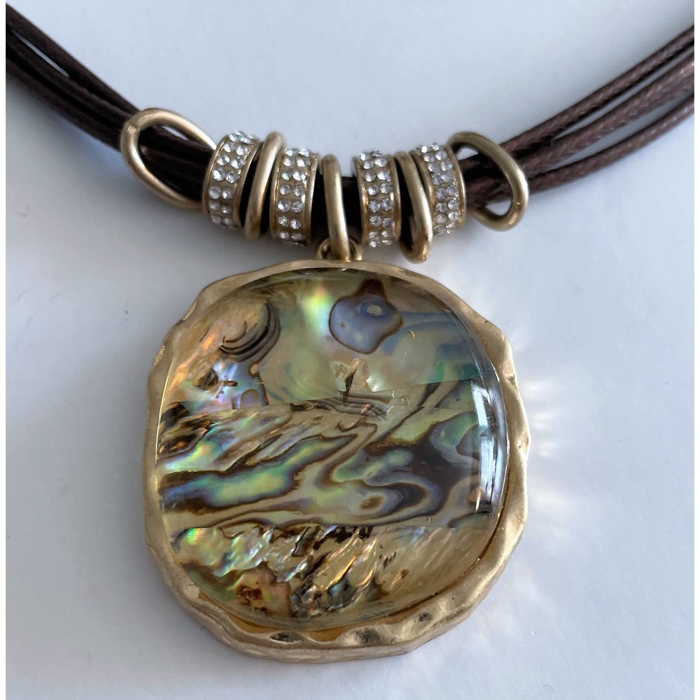 Lydell NYC Women's Brown Leather Necklace - Gold & Abalone Pendant - Picture 4 of 9